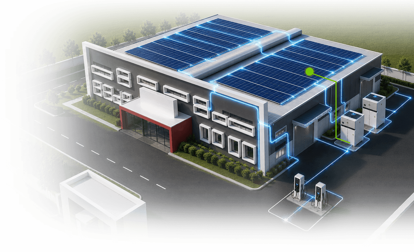 TruPower Battery Energy Storage System installed at a commercial facility with rooftop solar panels