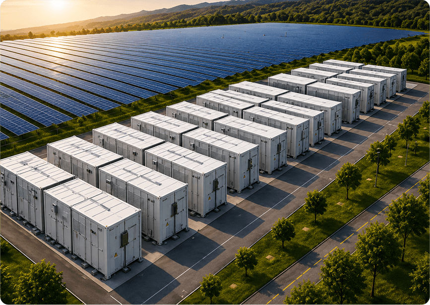 Aerial view of a solar farm with a row of TruPower battery energy storage containers